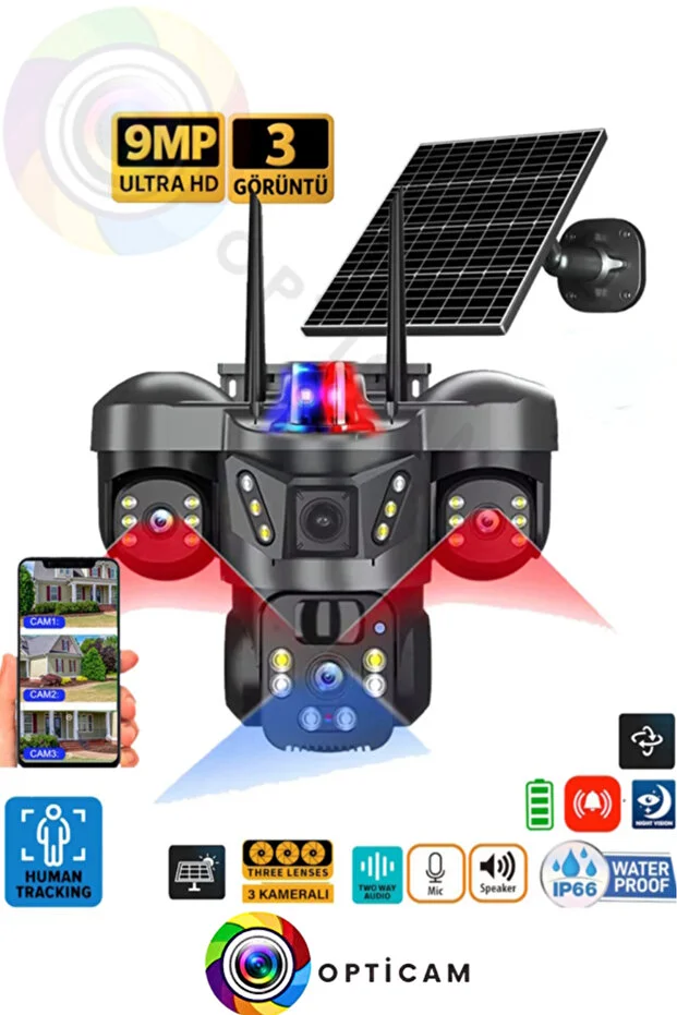 WİFİ Güneş Enerjili 3+3+3 MP Solar Güvenlik Kamerası,360 Derece Açı ,Güçlü Batarya